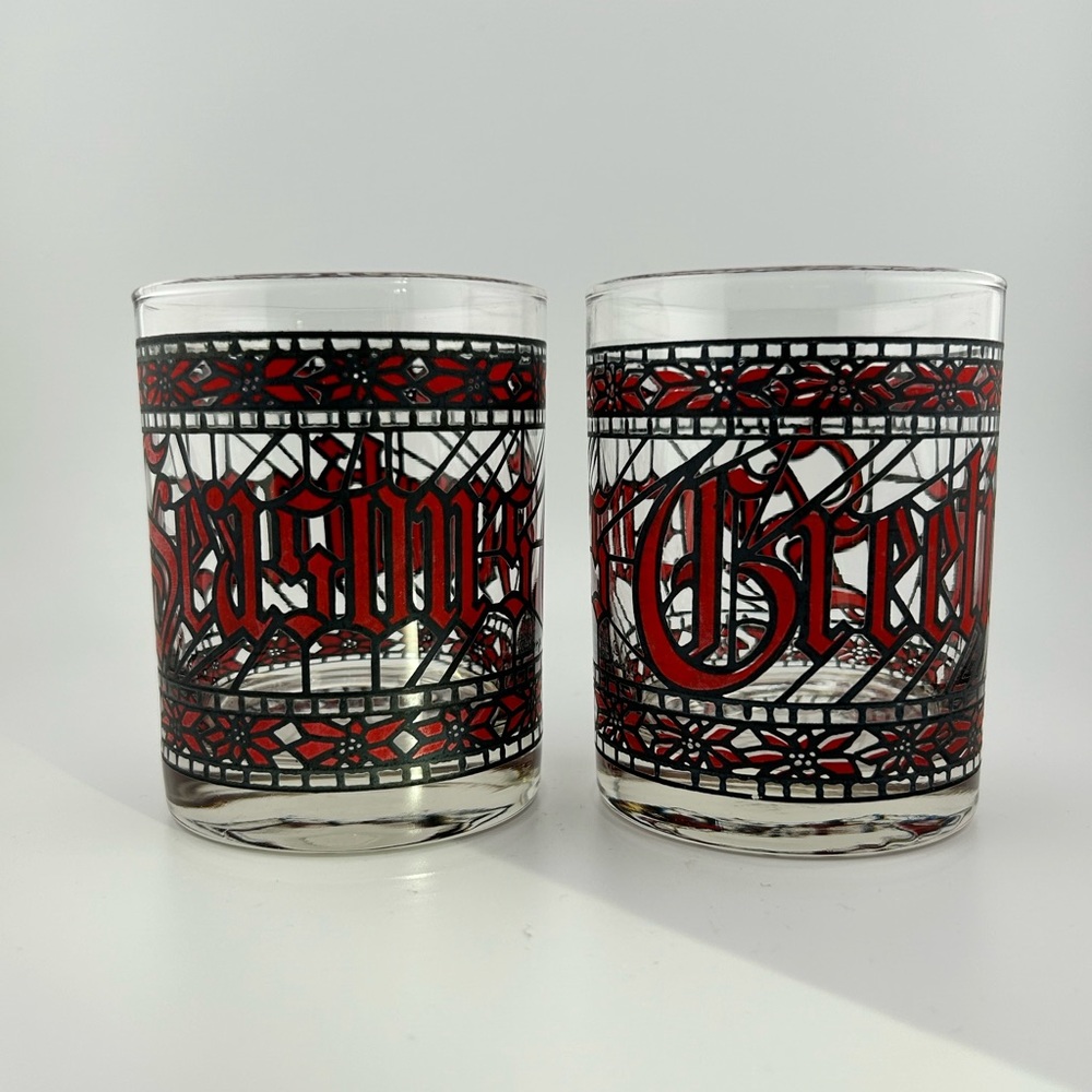 Vintage, Seasons Greetings Lowball Glasses, by Houze, Set of Two + One Free